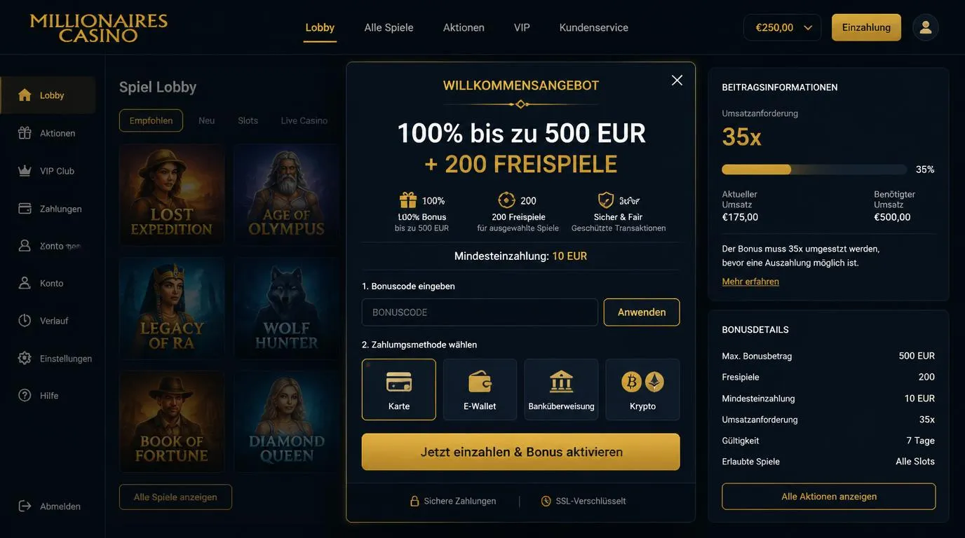 Casino-Konto mit ausgewähltem Willkommensbonus, Einzahlung und Fortschrittsanzeige für Umsatzbedingungen