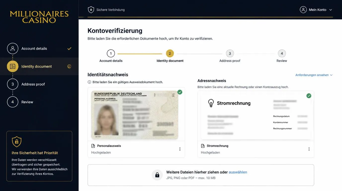 Kontoansicht mit Upload von Ausweis und Adressnachweis zur KYC-Verifizierung