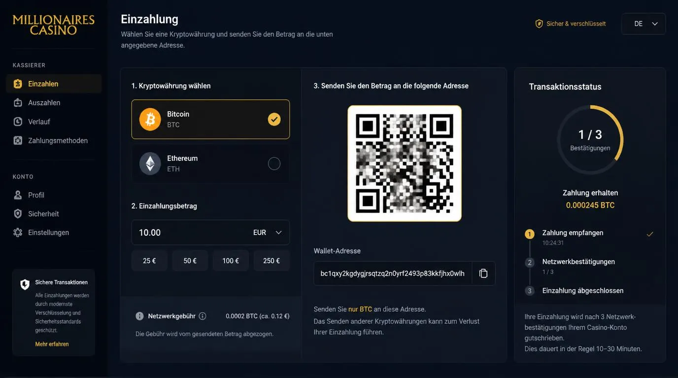 Bitcoin- und Ethereum-Einzahlung in einer Casino-Kasse mit Netzwerkbestätigung