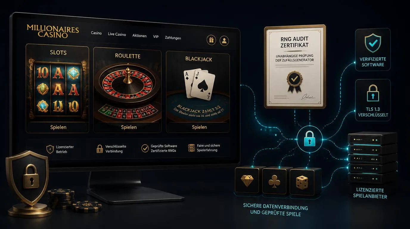 Casino-Interface mit Spielautomaten, RNG-Prüfsiegel und sicherer Softwareverbindung