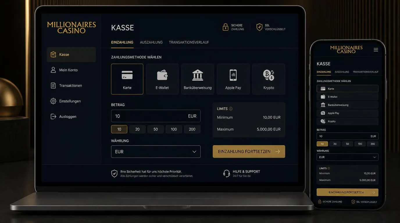 Kassenansicht mit Zahlungsarten, Mindestbetrag von 10 EUR und angezeigten Einzahlungslimits