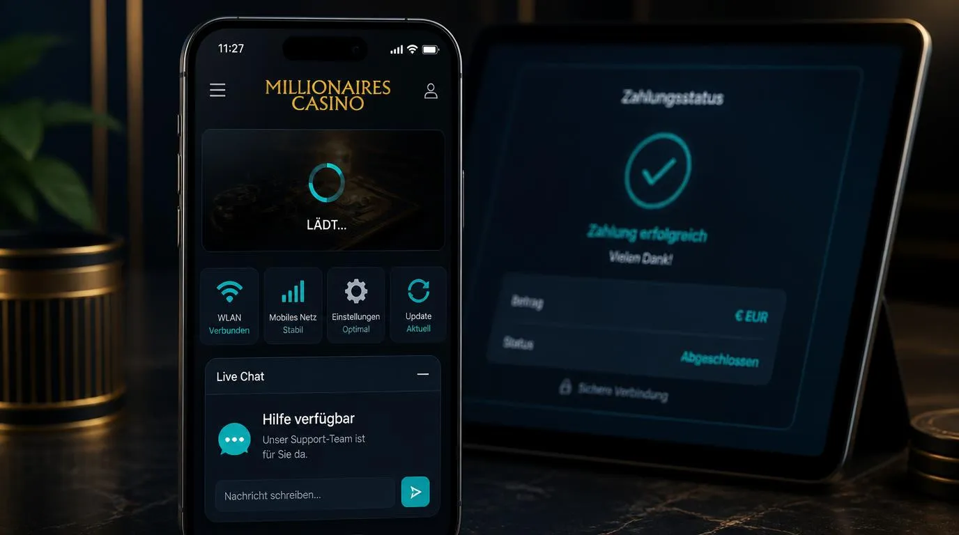 Smartphone mit Casino-App, Ladeanzeige, WLAN-Symbol und geöffnetem Live-Chat auf Deutsch