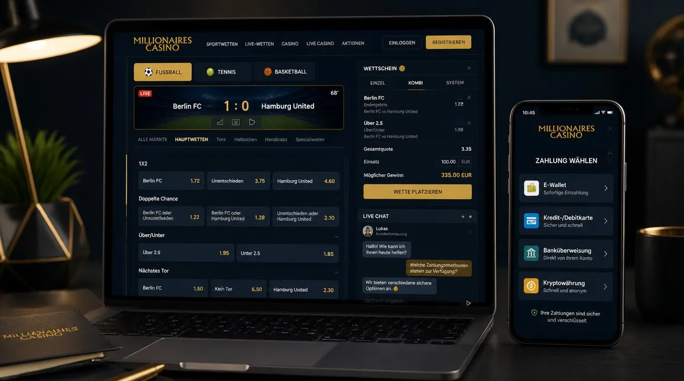 Sportwetten-Ansicht mit Live-Quoten, Fußballmärkten und Wettschein auf einem Laptop