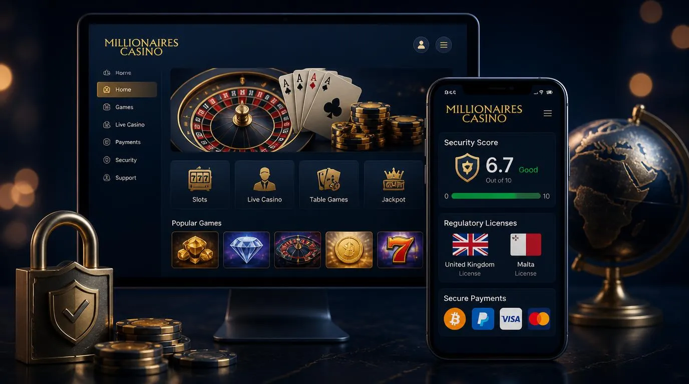 Digitale Casino-Oberfläche mit Zahlungsoptionen, Lizenzsiegeln und Sicherheitsanzeige