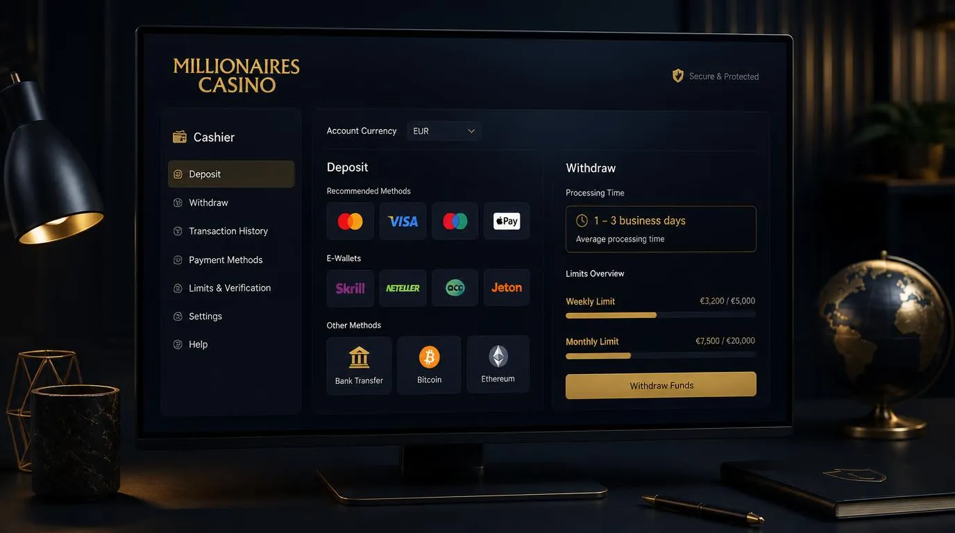 Digitale Casino-Kasse mit Euro-Währung, Karten, Wallets und Auszahlungsübersicht