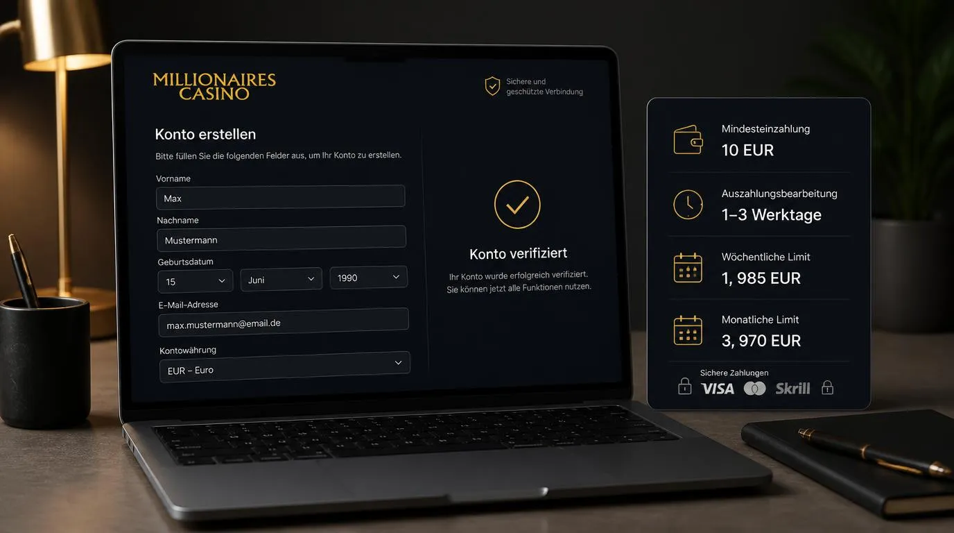 Registrierungsformular mit geprüften Kontodaten, Kontowährung und Hinweisen zu Einzahlung und Auszahlung