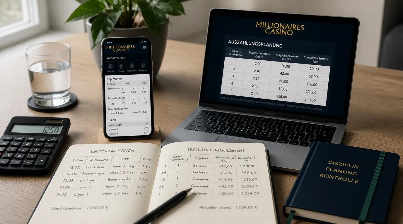 Sportwetten-Notizbuch mit Budgetplan, kleinen Einsätzen und Auszahlungsübersicht in Euro