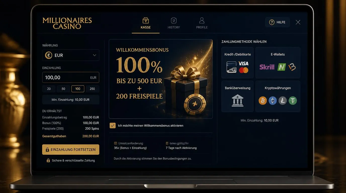 Casino-Kasse mit Einzahlungsoptionen, Bonusanzeige bis 500 EUR und 200 Freispielen