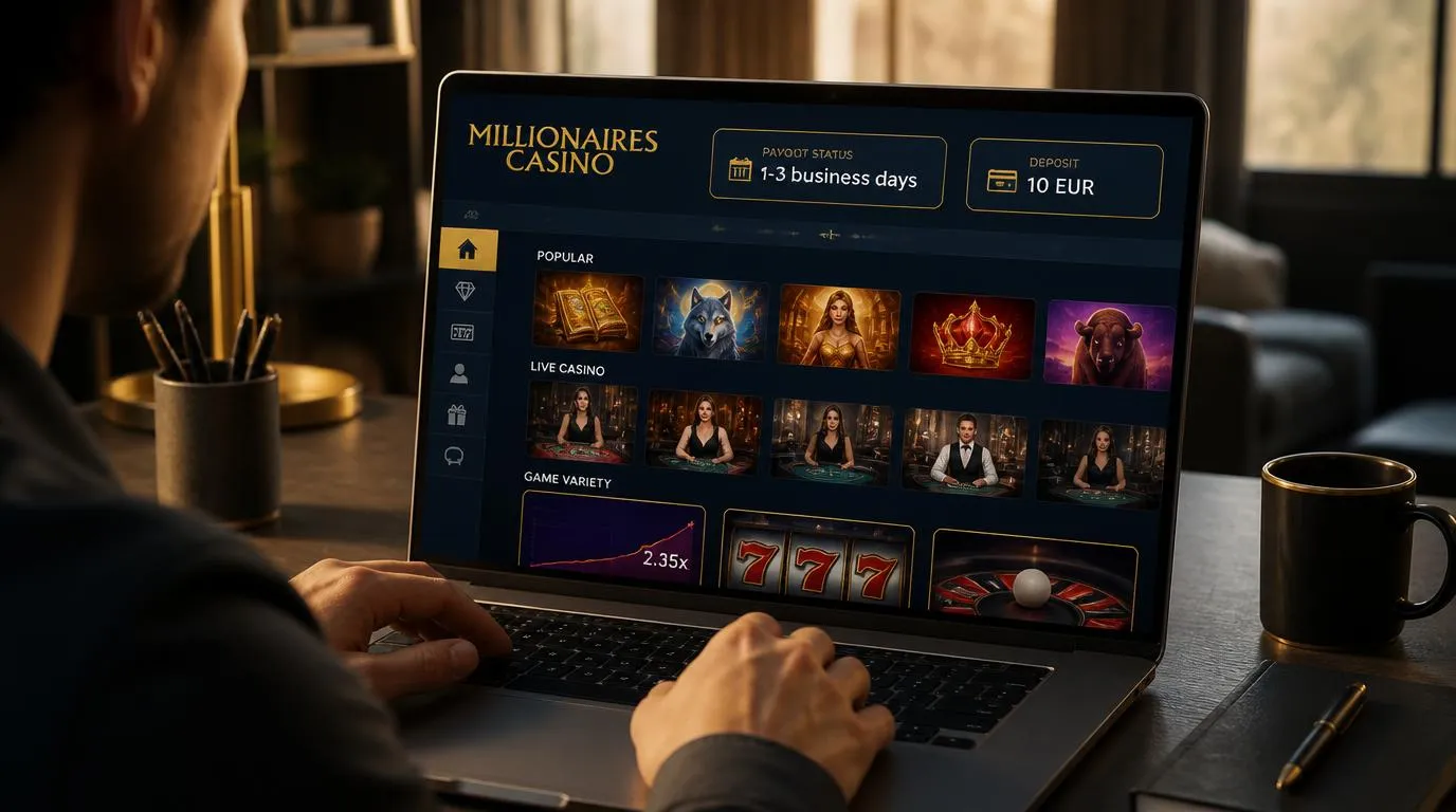 Spieler prüft Auszahlungszeit und vielfältige Casino-Spiele auf einem Laptop